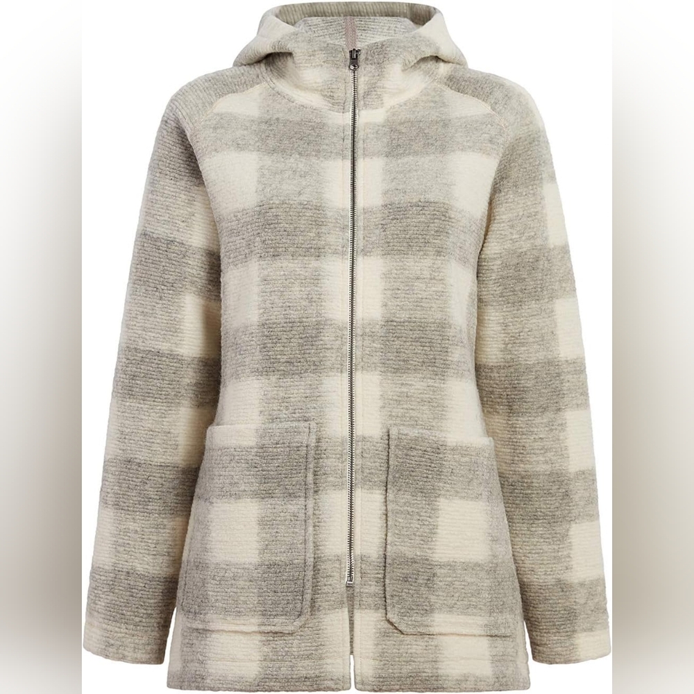 Woolrich Cream and Gray Hooded Zip Plaid Coat